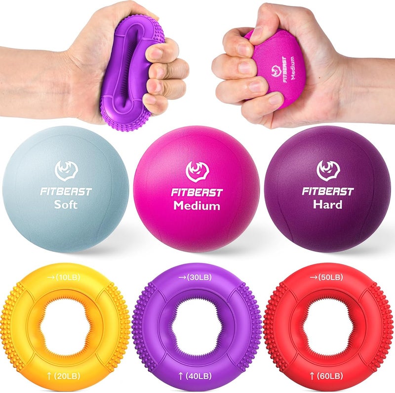 FitBeast Grip Strength Trainer, Finger Exerciser, Stress Balls for Adults 6-Piece Set, Hand Therapy for Strength, Recovery & Stress Relief, Forearm Strengthener for Men, Women & Seniors - Image 1